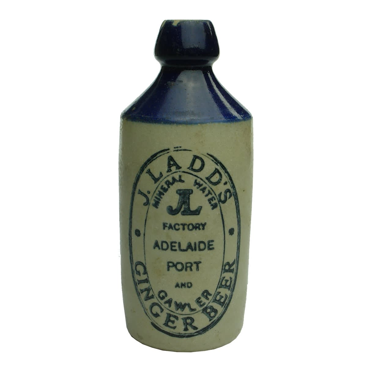 Ginger Beer.  J. Ladd, Adelaide, Port and Gawler.  No potters stamp. Neatly joined JL monogram. Blue Top.  10 oz. (South Australia)