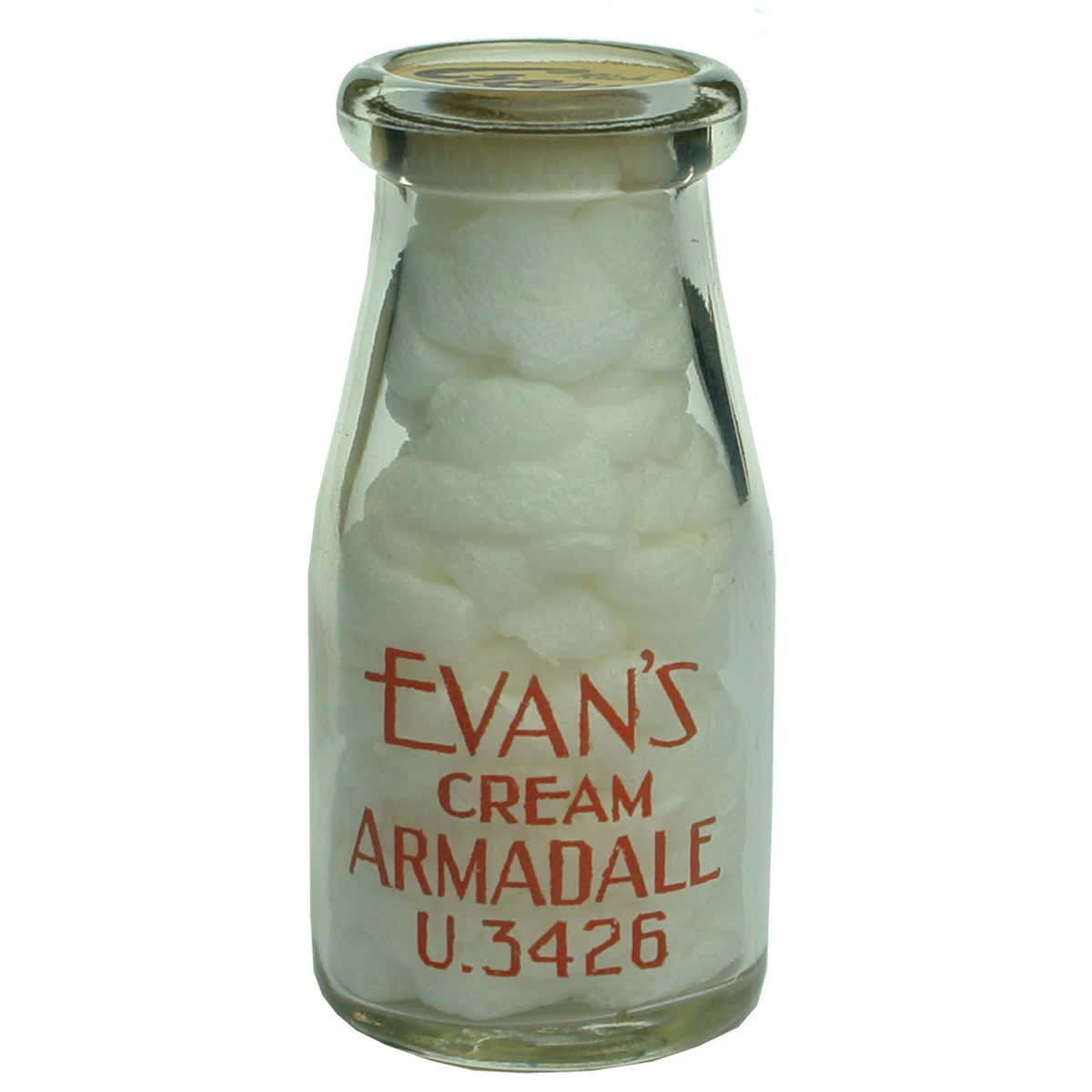 Ceramic Label Cream. Evan's Cream Armadale. Wide mouth milk type bottle. 8 oz. (Victoria)