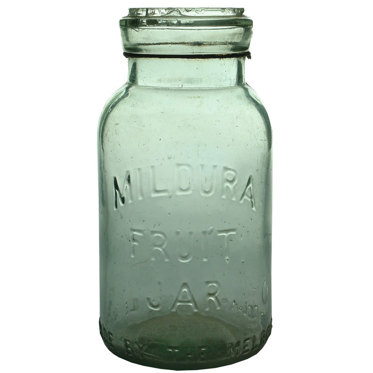 Preserving Jar. Mildura Fruit Jar. No neck lugs. Aqua. 1 Quart. (Victoria)