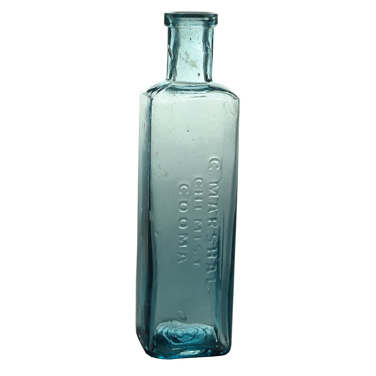 Chemist Bottle. G. Marshal, Cooma. Maws symbol to base. Ice Blue. Tall Square. 3 oz. 145 mm (New South Wales)