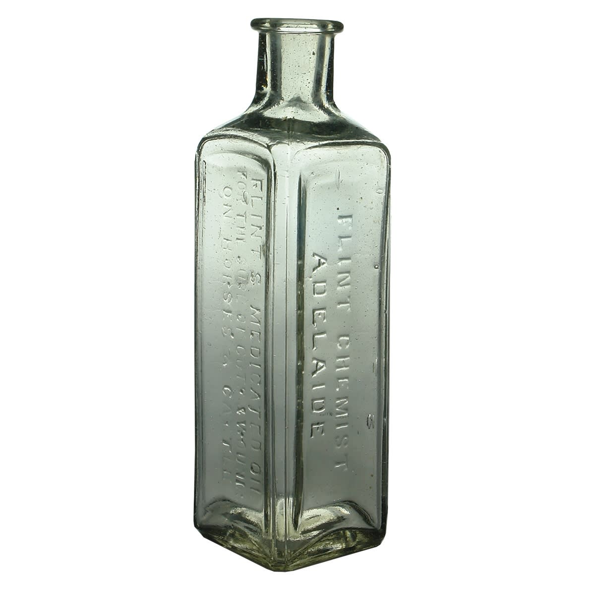 Vet Bottle. Flint's Medicated Oils. Adelaide. Clear. 6 oz.