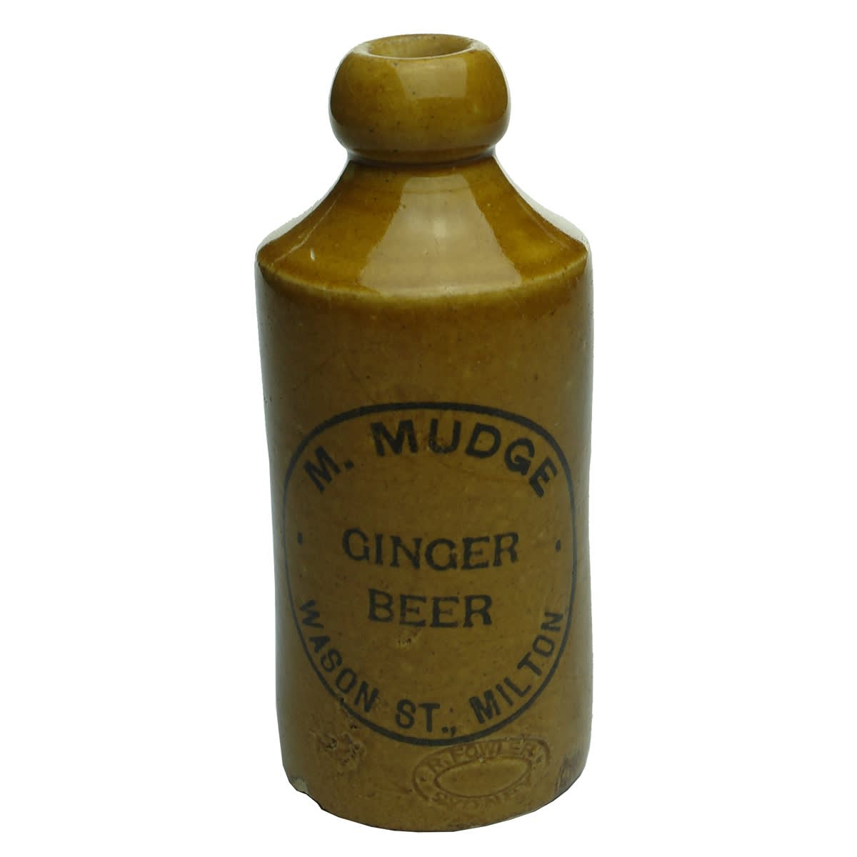 Ginger Beer. M. Mudge, Wason St., Milton. Dump All Tan Blob top. (New South Wales)