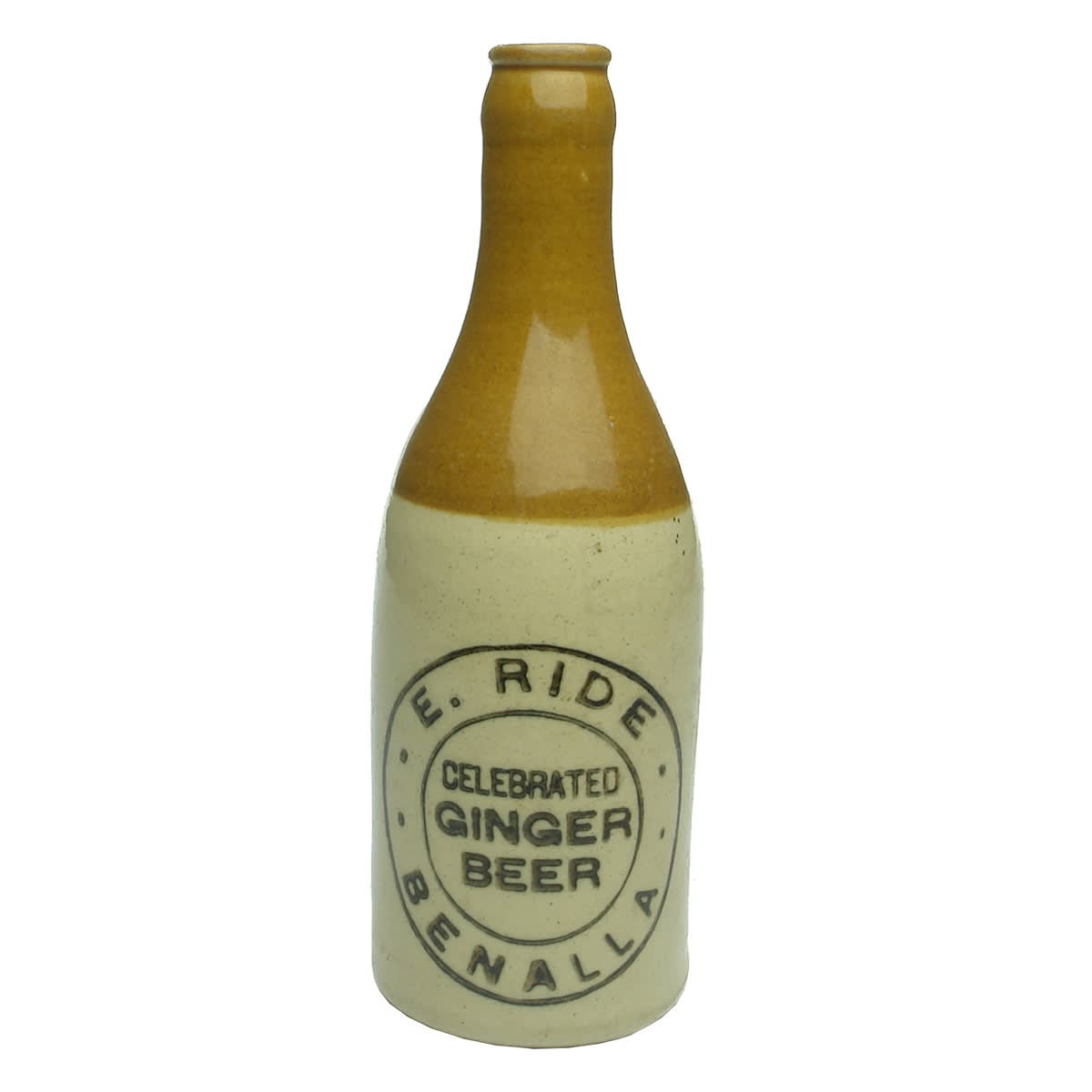 Ginger Beer. E. Ride, Benalla. Crown Seal. Fowler Sydney pottery. (Victoria)