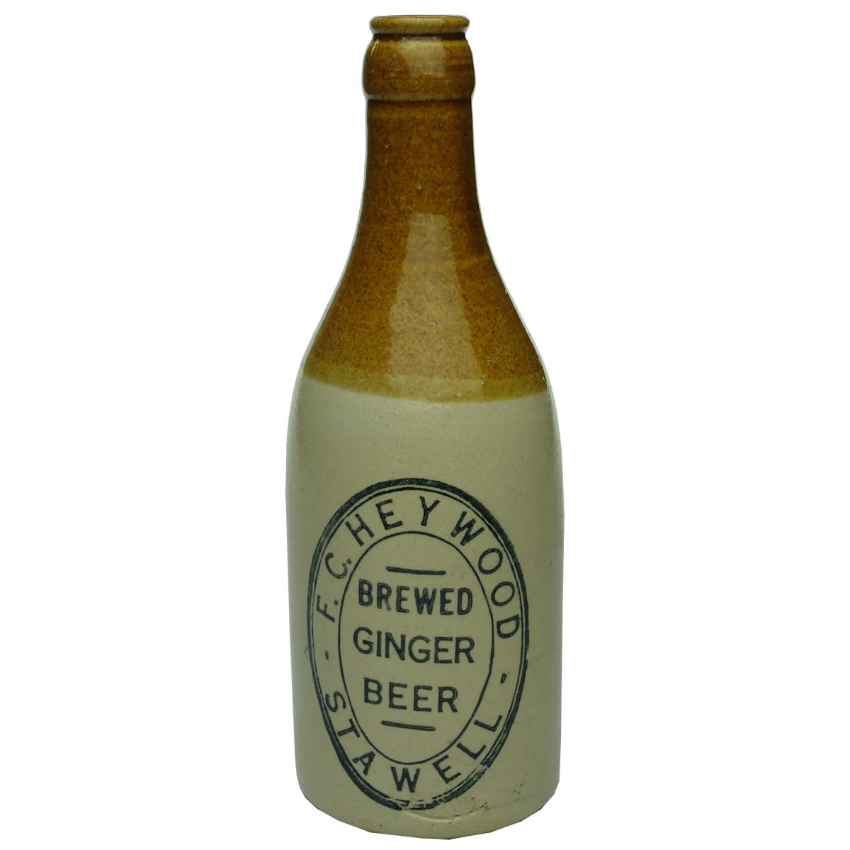 Ginger Beer. F. C. Heywood, Stawell. Bendigo Pottery. Rare Tan Top Variety. (Victoria)