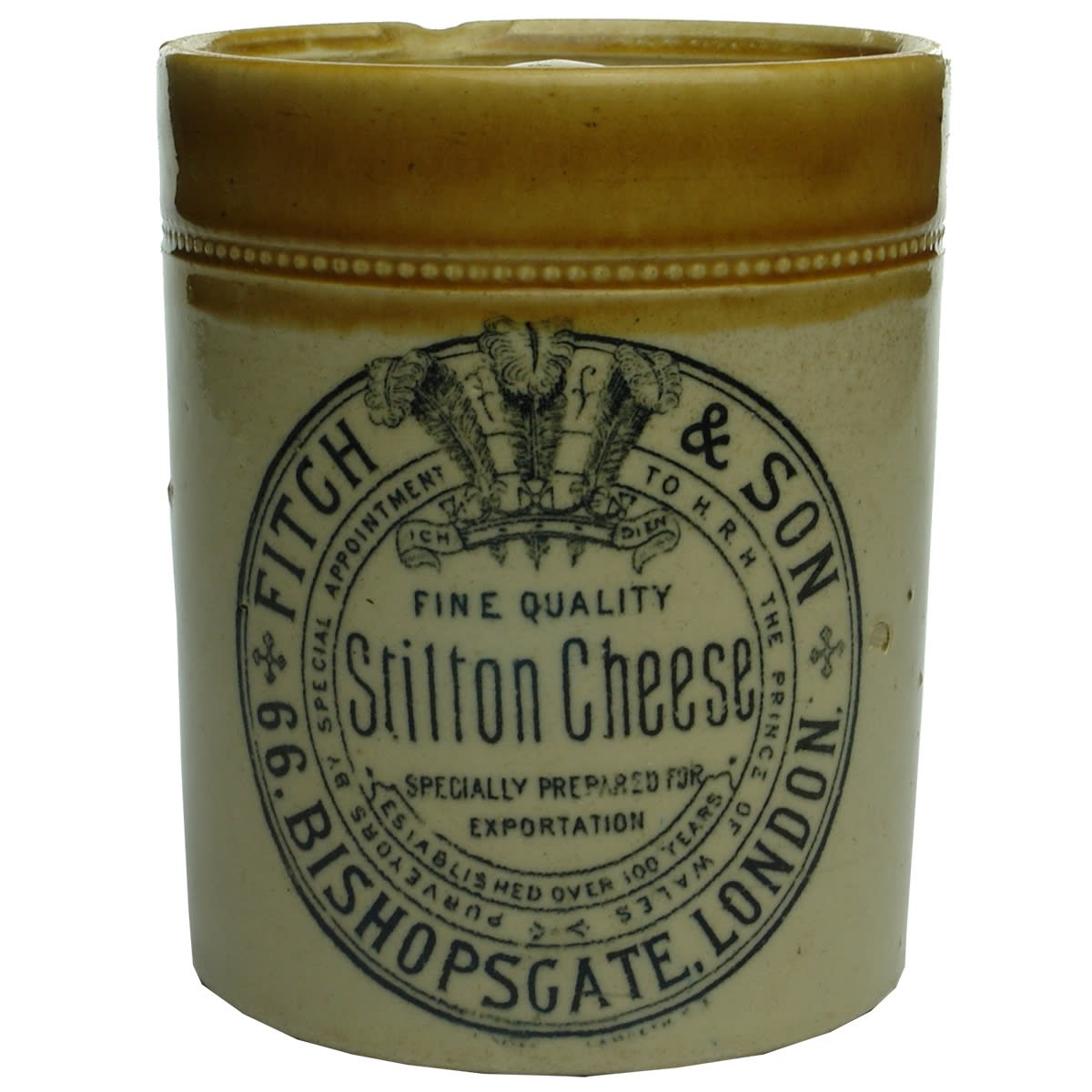 Cheese Jar. Fitch & Son Stilton Cheese, London, Prince of Wales Feathers. (United Kingdom)