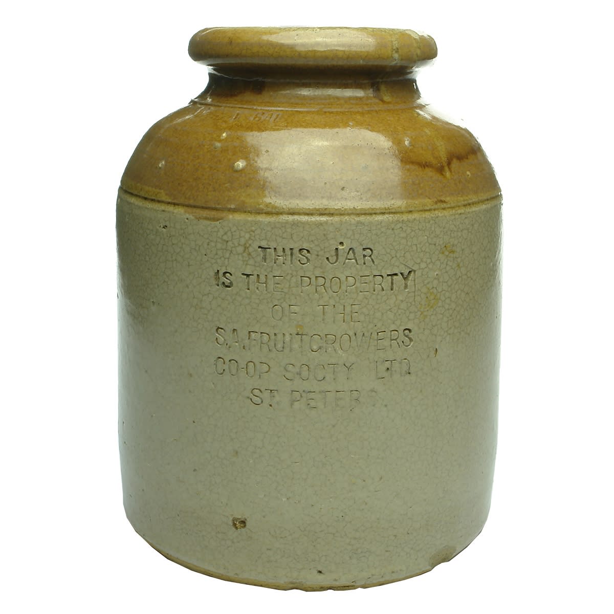 Jar. S. A. Fruitgrowers Co-Op Socty Ltd, St Peters. Jam. 1 Gallon. (South Australia)