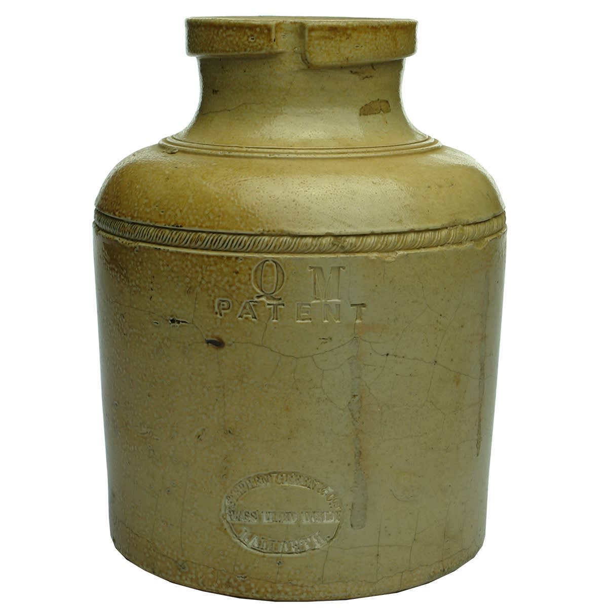 Stone Jar. Q M Patent. Stephen Green, Lambeth. Salt Glaze. (United Kingdom)