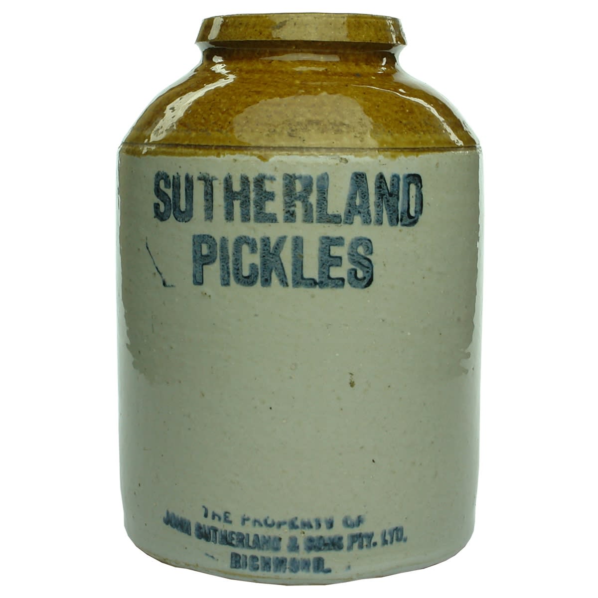 Stoneware Pickle Jar. Sutherland Pickles. John Sutherland & Sons Pty. Ltd. Richmond. (Victoria)