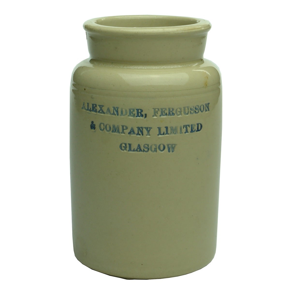 Stoneware Poison Jar. Alexander, Fergusson & Company Limited Glasgow. Impressed & Blue ink. All white jar.