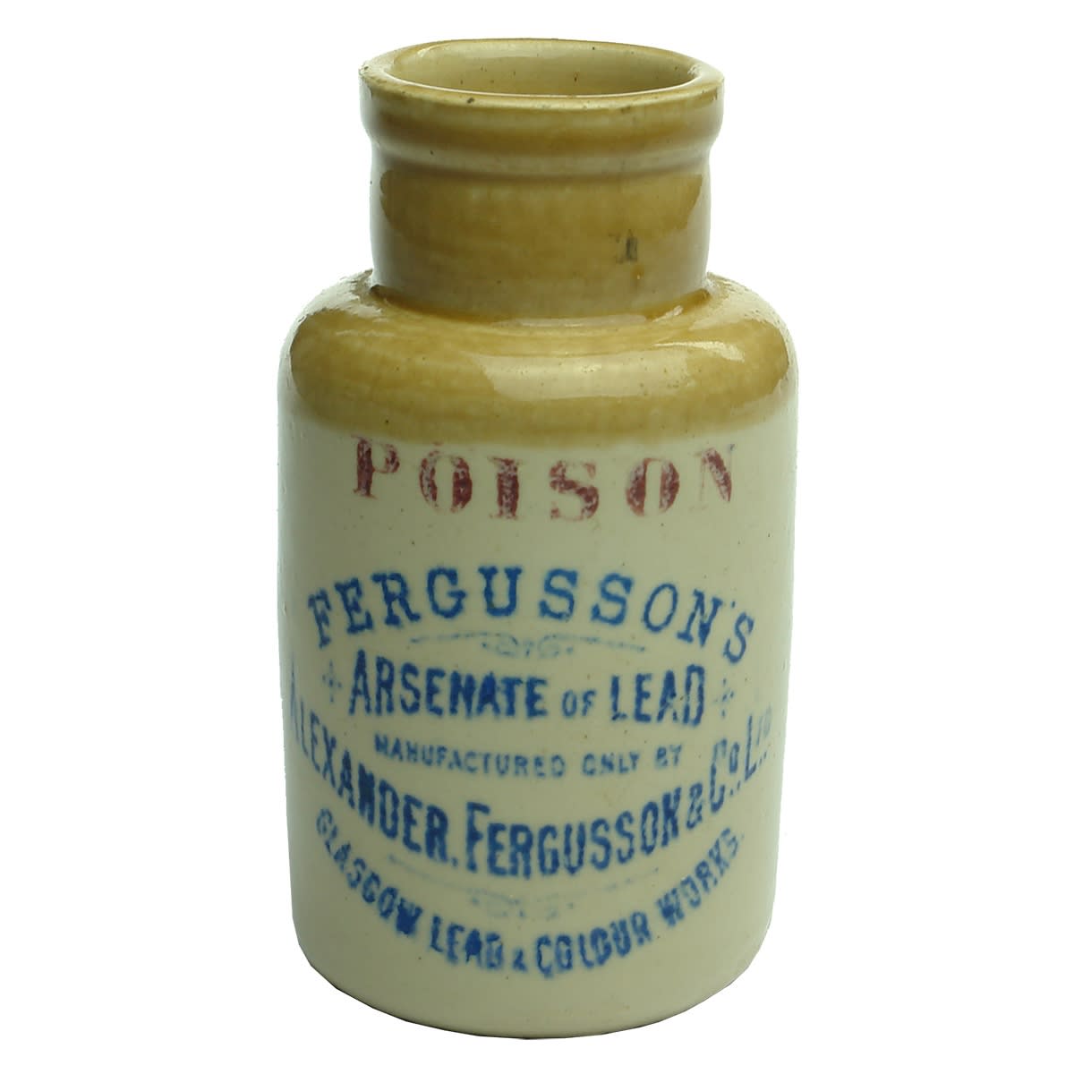 Stoneware Poison Jar. Fergusson's Arsenate of Lead. Glasgow. Blue & Red Print. Small size. 119 mm.