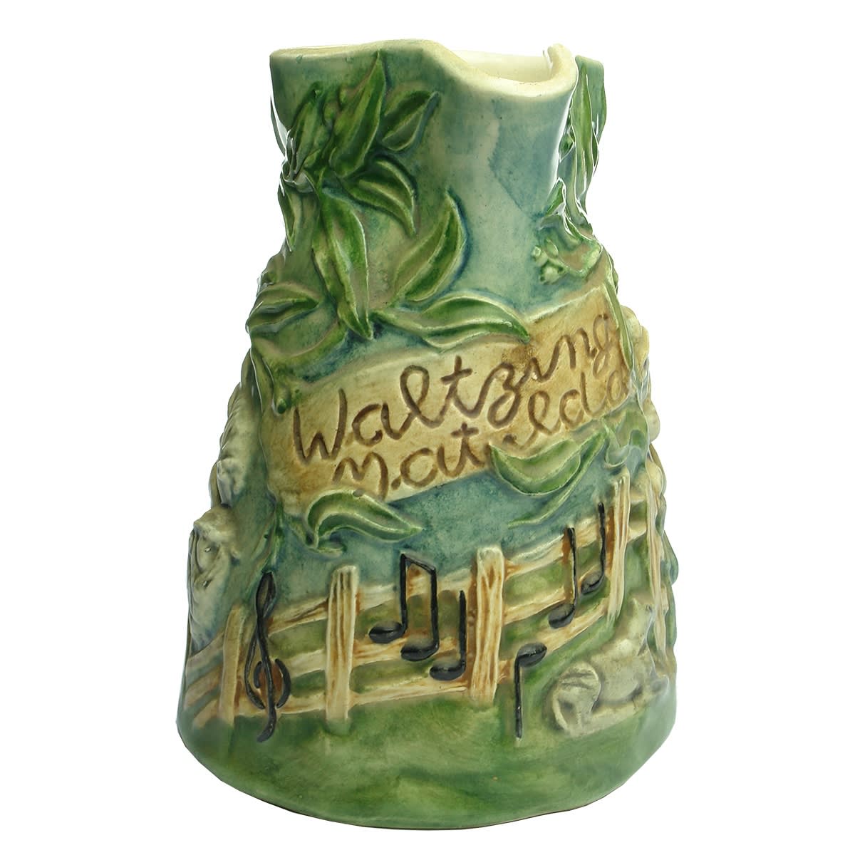 Waltzing Matilda Musical Jug made in Australia by Diana Pottery Pty. Ltd. Musical component made in Switzerland.