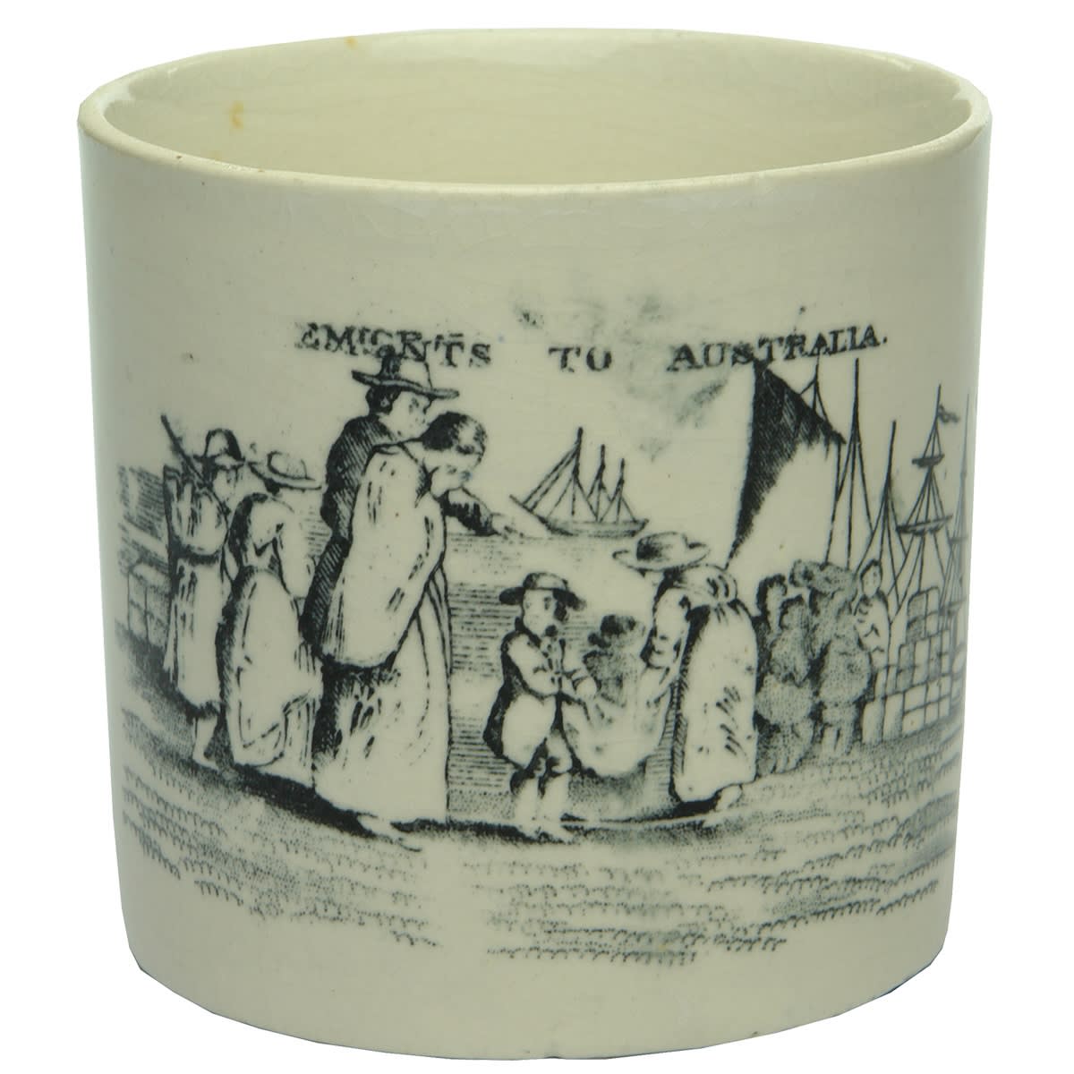 Coffee or Cocoa Mug. Emigents (sic) to Australia. Ships at Dock with People collecting their belongings. Emigrants to Australia. Goldfields.