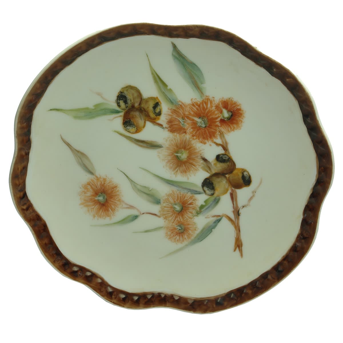 Handpainted plate. Gumnuts and blossom. Patsy Nov. 1989.