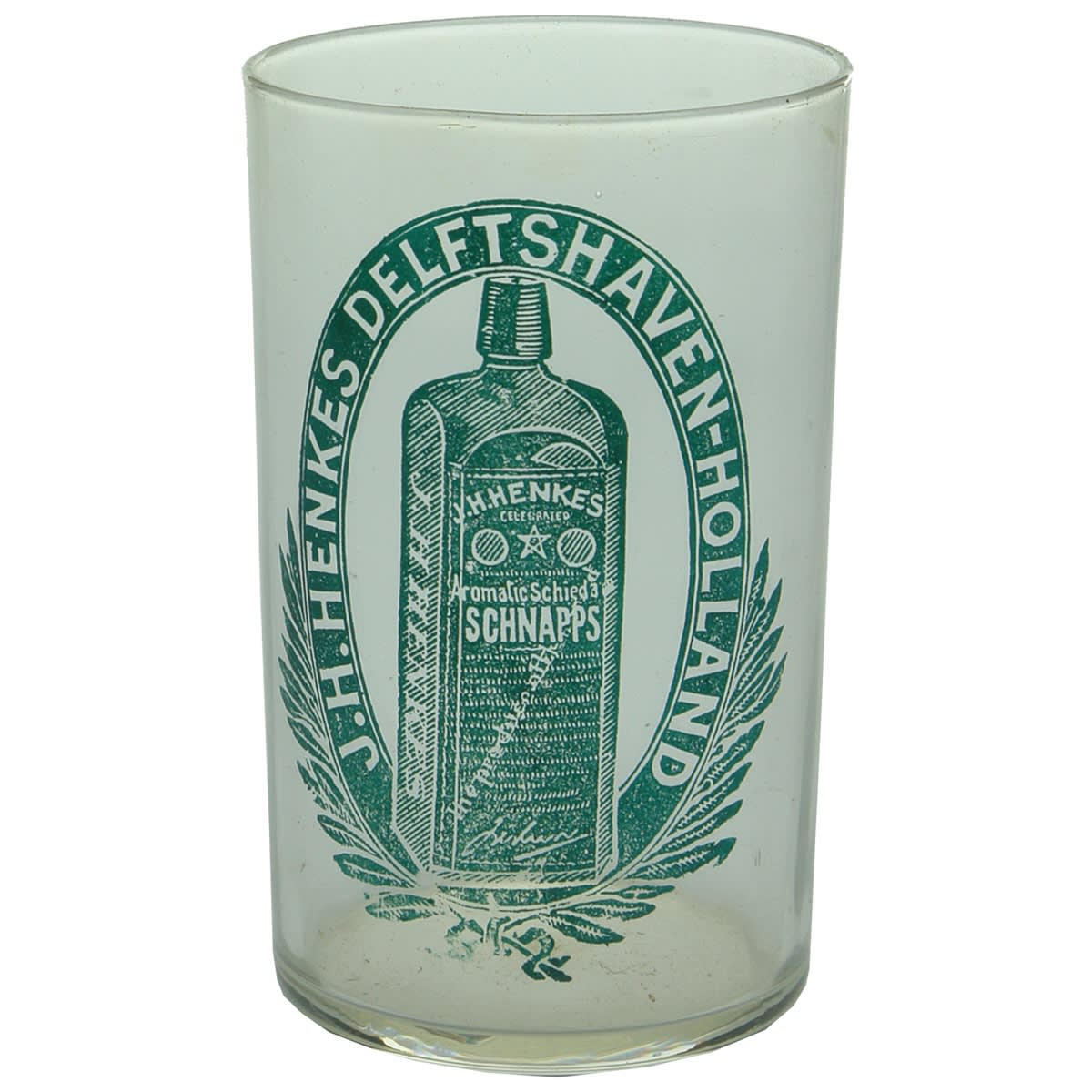 Schnapps. J. H. Henkes Delftshaven - Holland Advertising Glass with Labelled Bottle! Green Print.