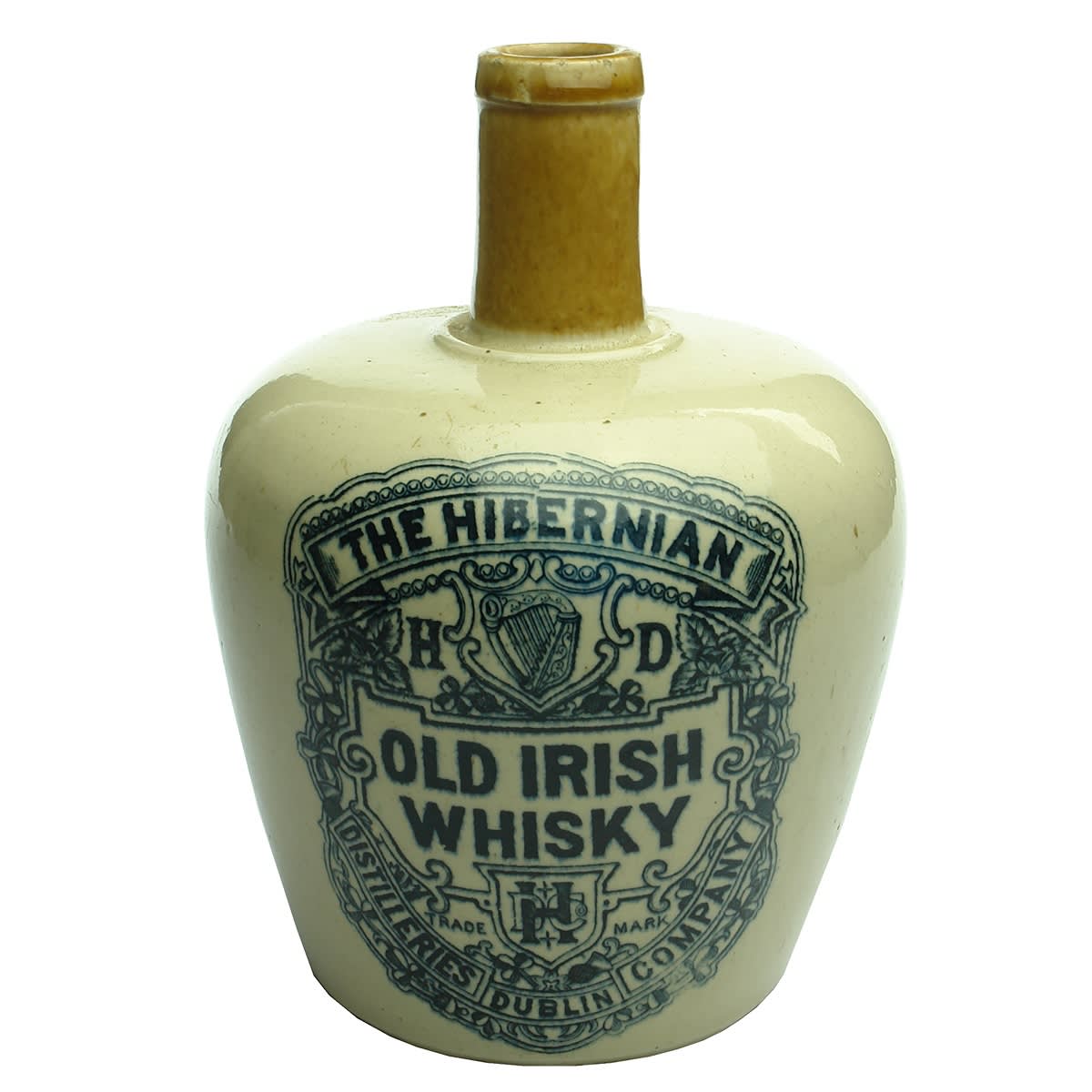 Whisky Jug. Hibernian Distilleries Company Dublin. Tan top. Quart.