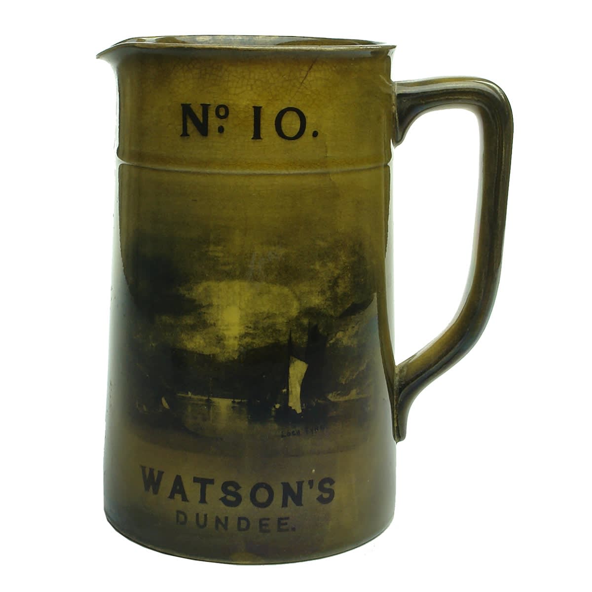 Whisky Water Jug. Watson's No 10 Scotch Whisky Dundee. Yellow/Green & Black.