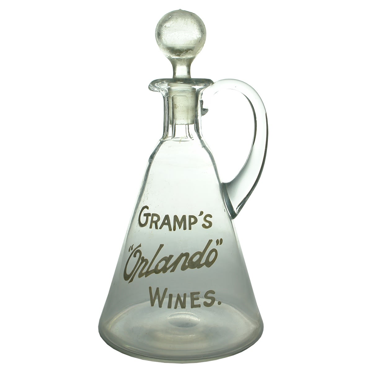 Decanter. Gramp's "Orlando" Wines. Made in Sweden. Conical. Polished Pontil. (South Australia)