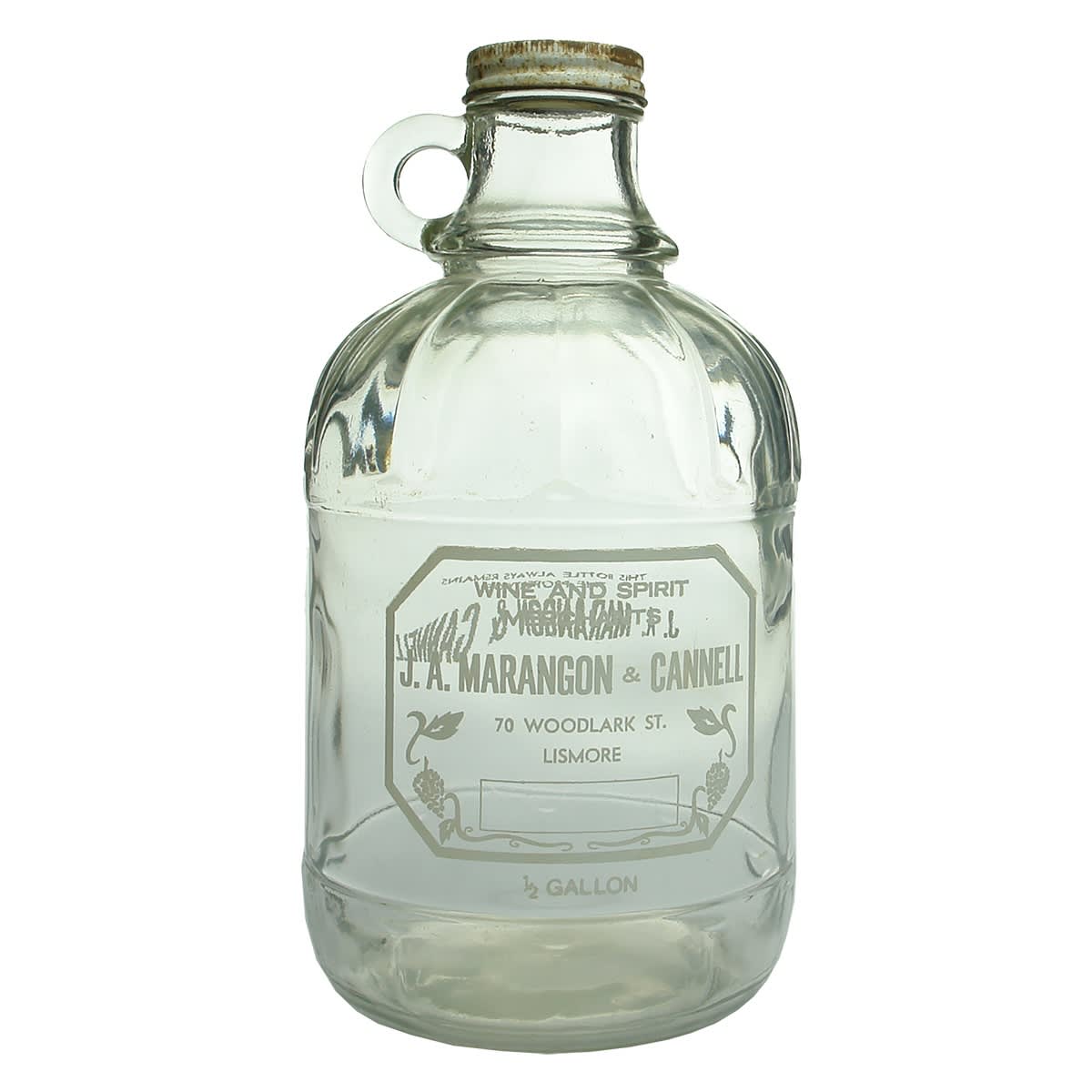 Ceramic Label Flagon. J. A. Marangon & Cannell, Woodlark St., Lismore. Half Gallon. (New South Wales)