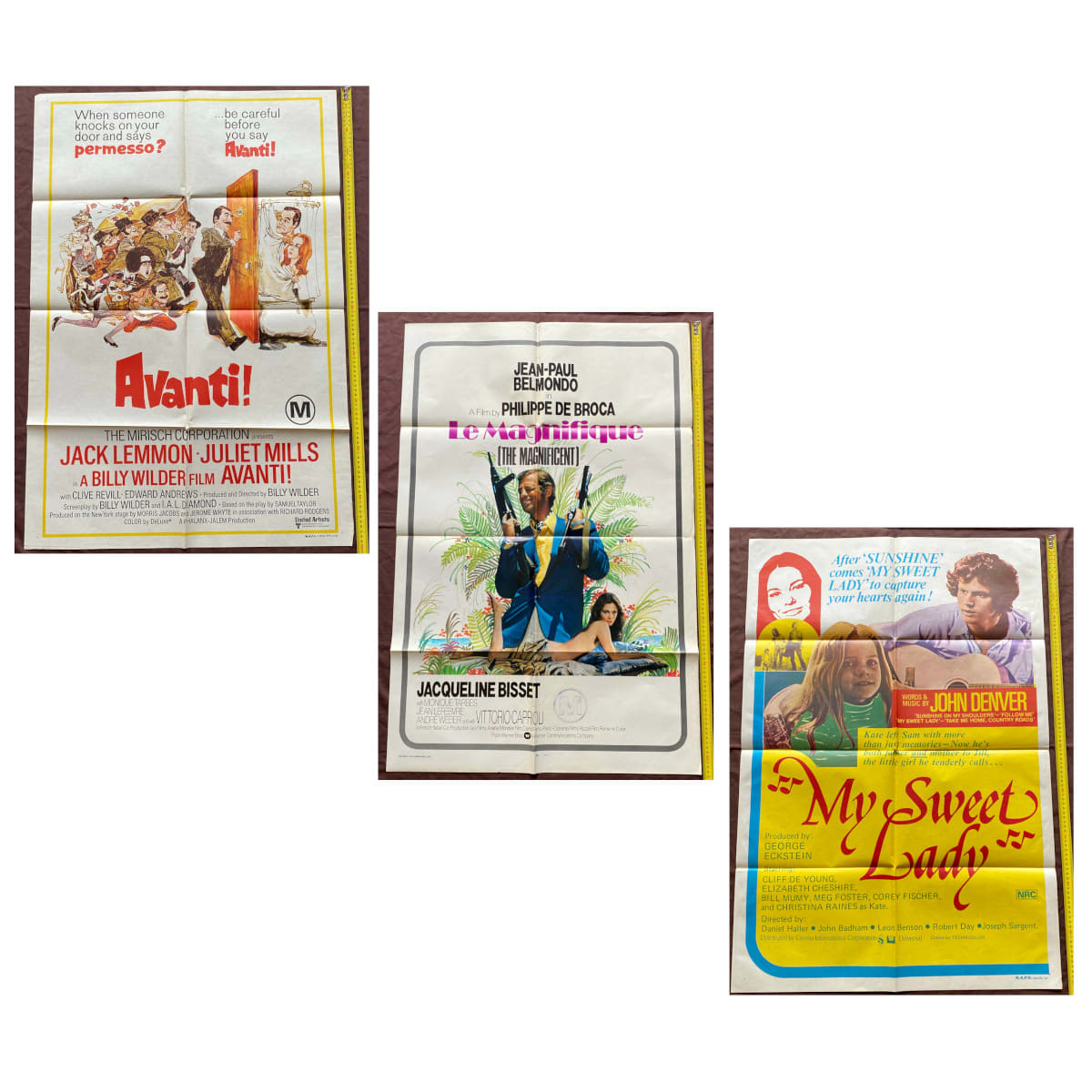 3 Original Movie Posters. Avanti! Billy Wilder. Jack Lemmon. Juliet Mills. 1972. 2. Le Magnifique. Jean Paul Belmondo. Jacqueline Bisset. 1974. 3. My Sweet Lady (Sunshine Christmas). Cliff De Young. Elizabeth Cheshire. John Denver. 1977.