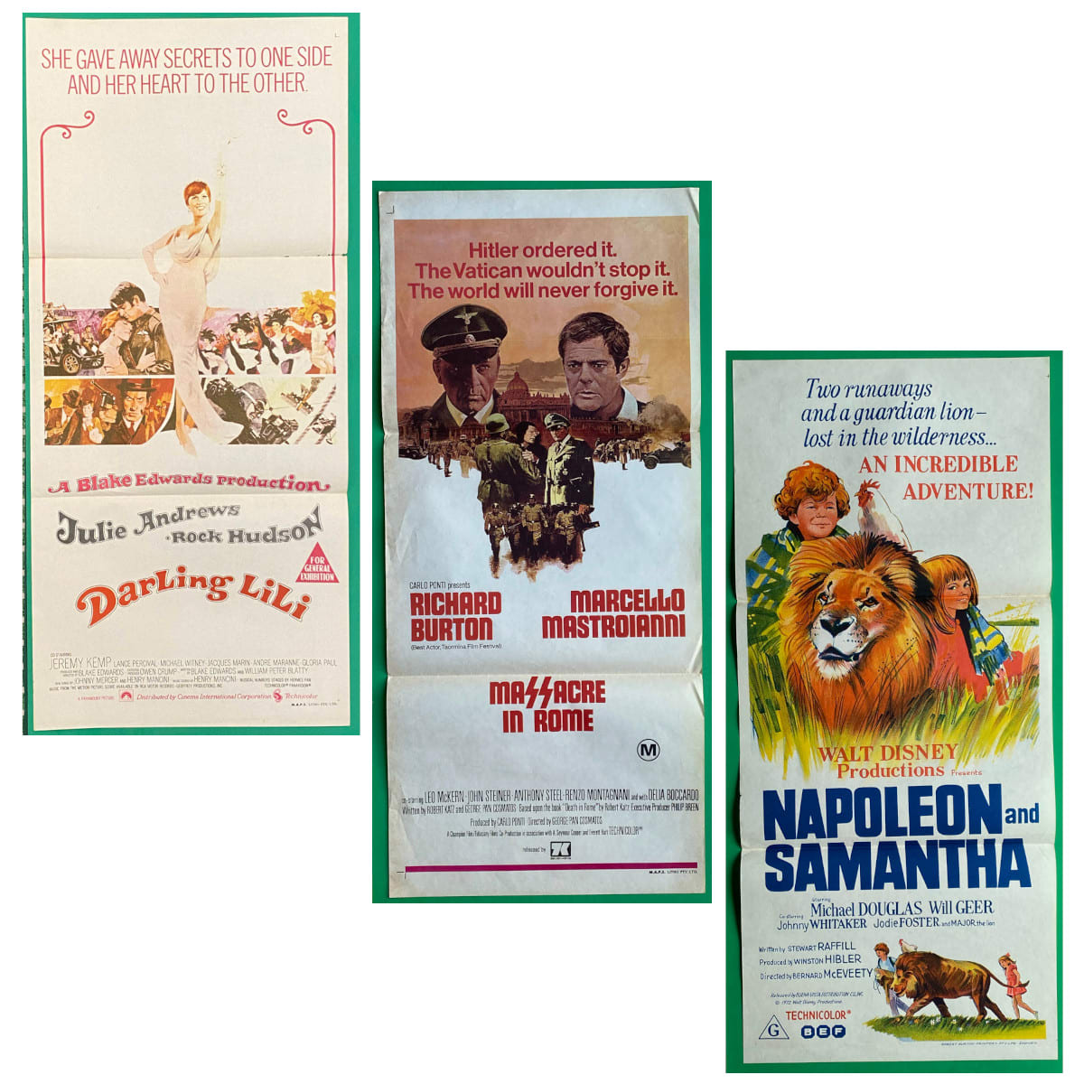 3 Original Daybill Movie Posters. 1. Darling Lili. 1970. Julie Andrews. Rock Hudson. Blake Edwards. 2. Massacre in Rome. 1973. Richard Burton. Marcello Mastroianni. Leo McKern. 3. Napoleon and Samantha. 1972. Michael Douglas. Jodie Foster.