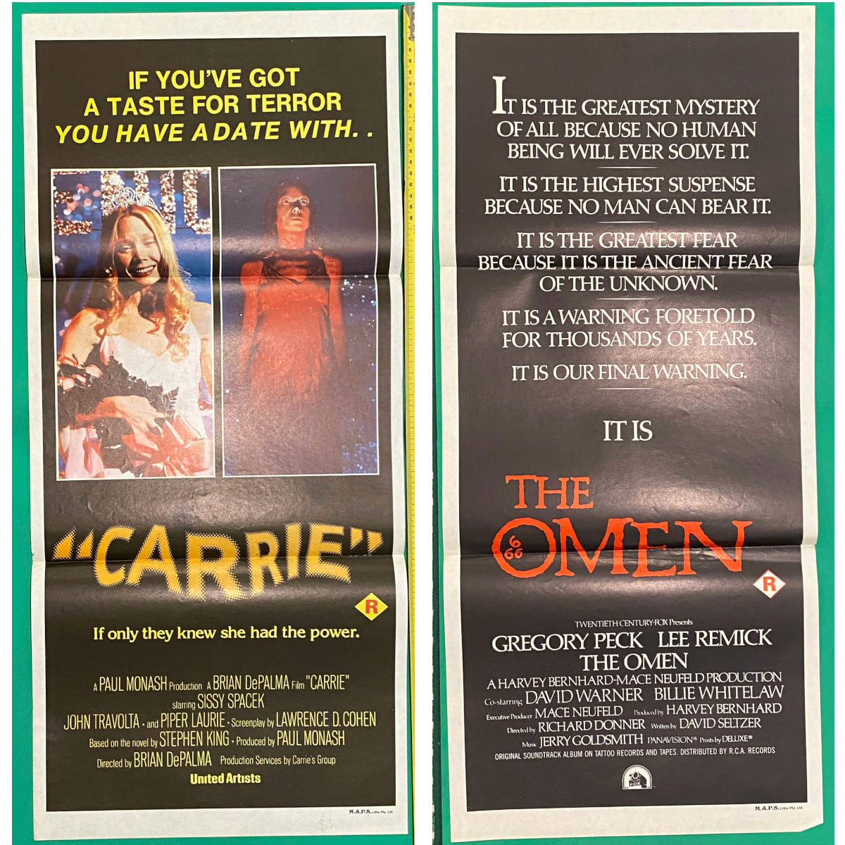 2 Original Daybill Movie Posters. Carrie. 1976. Sissy Spacek. John Travolta. Piper Laurie. Brian De Palma. Stephen King. and The Omen. 1976. Gregory Peck. Lee Remick.