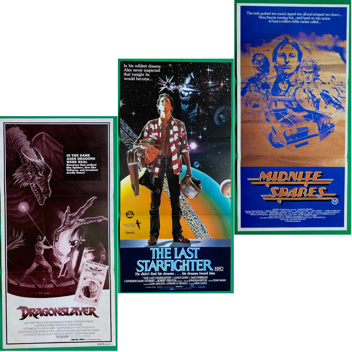 3 Original Daybill Movie Posters. 1. Dragonslayer. 1981. Peter MacNicol. Caitlin Clarke. 2. The Last Starfighter. 1984. Lance Guest. Robert Preston. 3. Midnite Spares. 1983. Gia Carides. Max Cullen. Jonathon Coleman. Bruce Spence. Graeme Blundell.