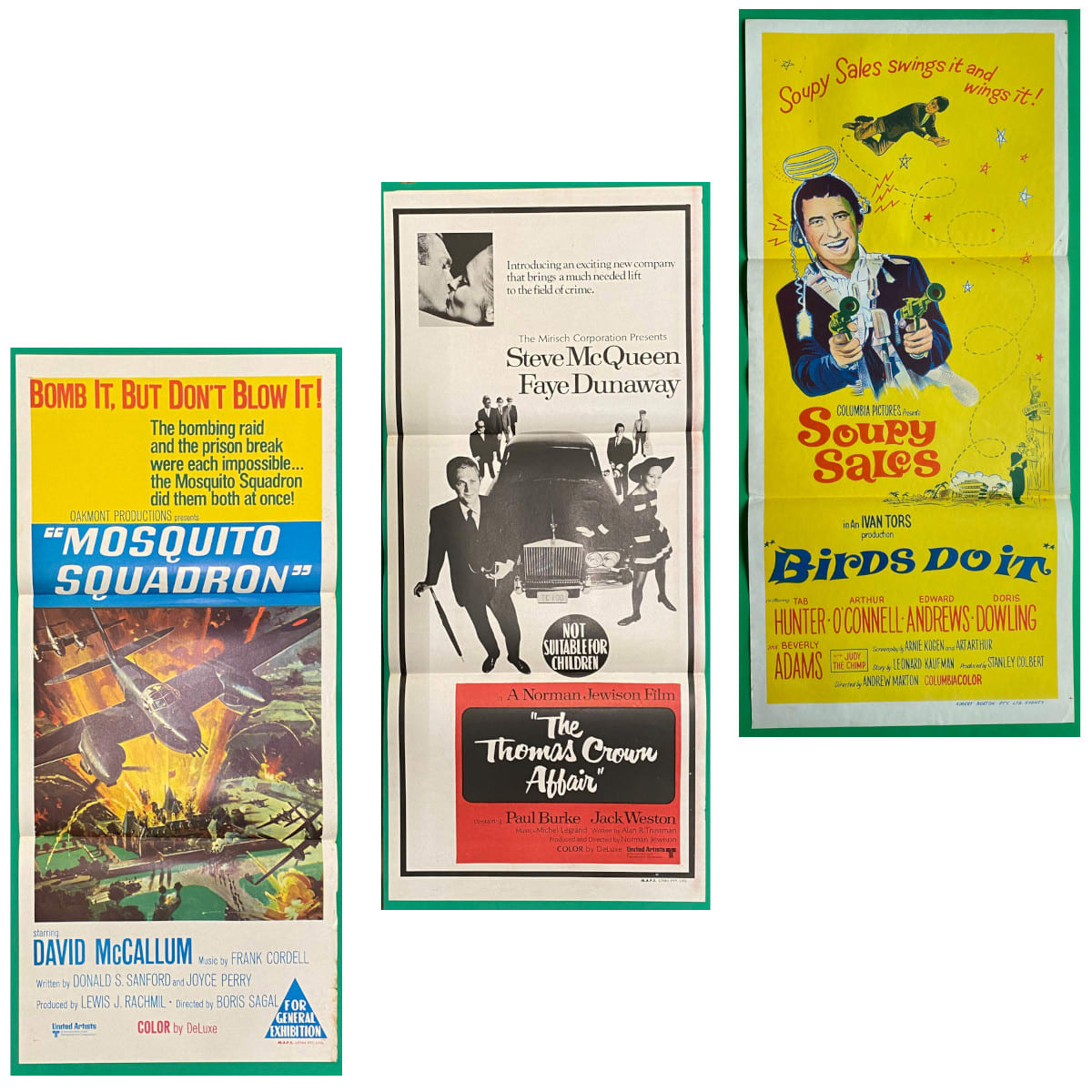 3 Original Daybill Movie Posters. 1. Mosquito Squadron. 1969. David McCallum. Suzanne Neve. 2. The Thomas Crown Affair. 1968. Steve McQueen. Faye Dunaway. 3. Birds Do It. 1966. Soupy Sales. Tab Hunter. Arthur O'Connell.