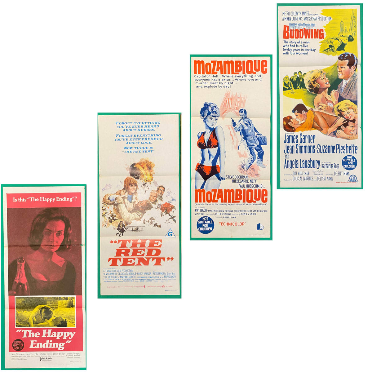 4 Original Daybill Movie Posters. 1. The Happy Ending. 1969. Jean Simmons. Lloyd Bridges. 2. The Red Tent. 1969. Sean Connery. Claudia Cardinale. Peter Finch. 3. Mozambique. 1964. Steve Cochran. 4. Mister Buddwing. 1966. James Garner. Angela Lansbury.