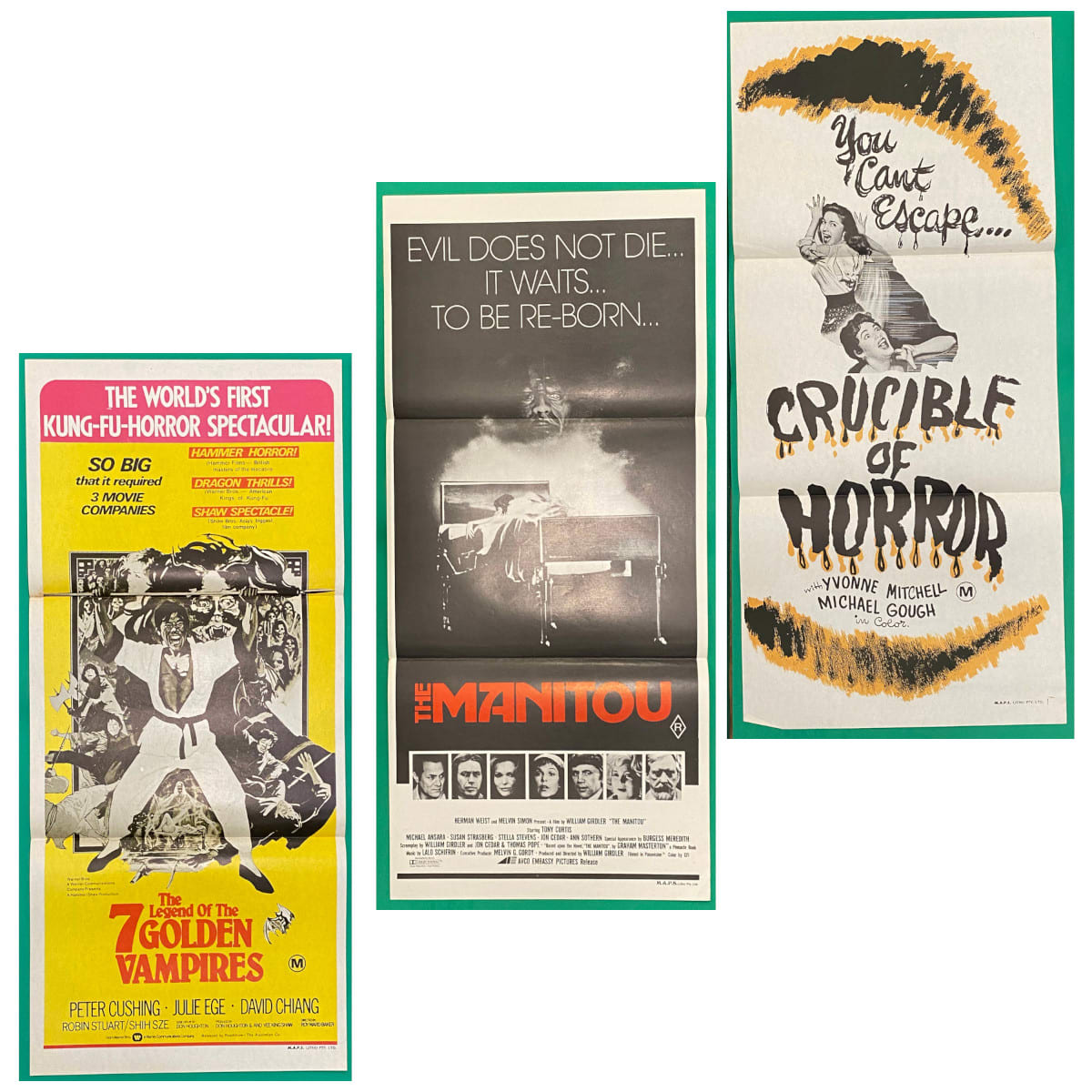 3 Original Daybill Movie Posters. 1. The legend of the 7 Golden Vampires. 1974. Peter Cushing.  2. The Manitou. 1978. Tony Curtis. Michael Ansara. Susan Strasberg. 3. Crucible of Horror (The Corpse). 1971. Yvonne Mitchell. Michael Gough.