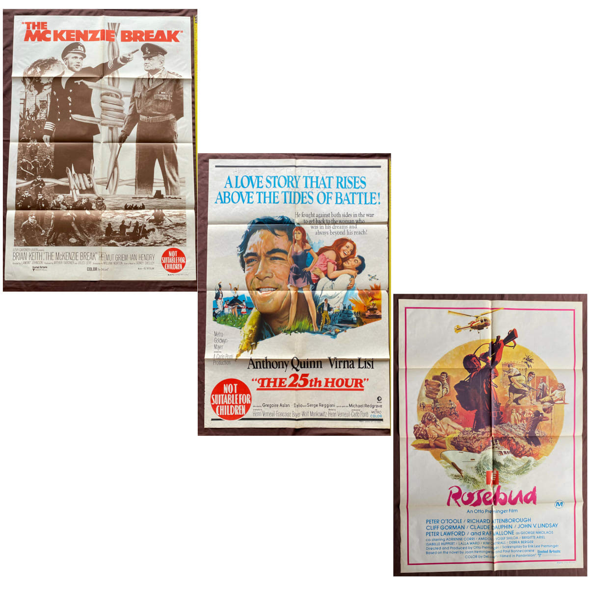 3 Original Movie Posters. 1. The McKenzie Break. Brian Keith. Helmut Griem. 1971. 2. The 25th Hour. Anthony Quinn. Verna Lisi. 1967. 3. Rosebud. 1975. Peter O'Toole. Richard Attenborough.