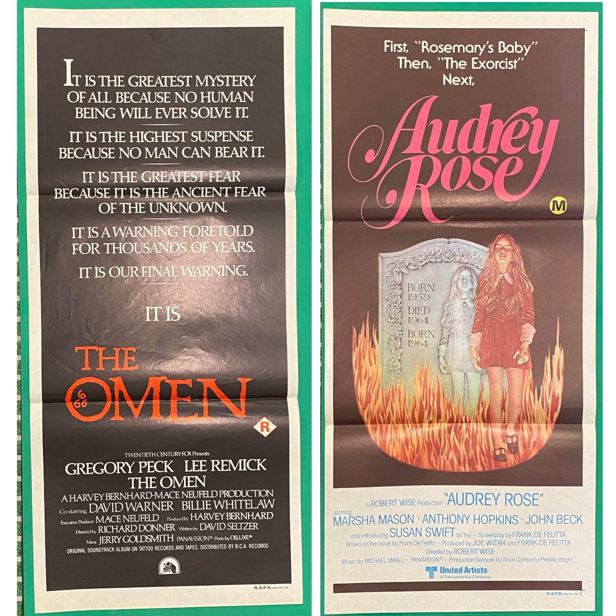 2 Original Daybill Movie Posters. The Omen. 1976. Gregory Peck. Lee Remick. and Audrey Rose. 1977. Anthony Hopkins. Marsha Mason.