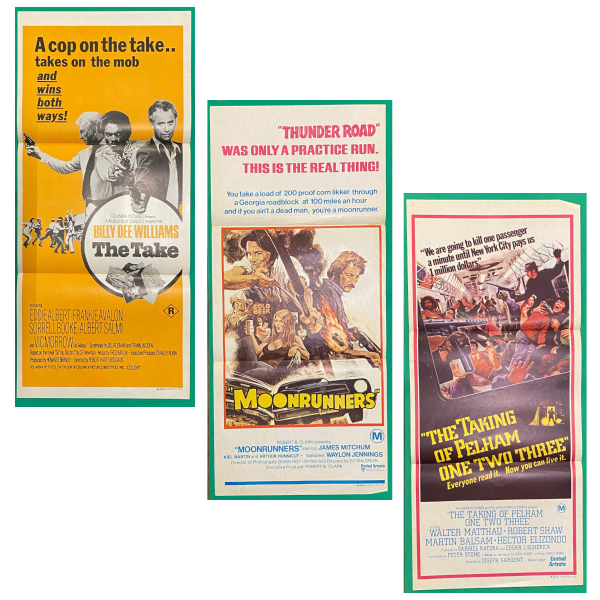 3 Original Daybill Movie Posters. 1. The Take. 1974. Billy Dee Williams. Eddie Albert. Frankie Avalon. 2. Moonrunners. 1975. James Mitchum. Waylon Jennings. 3. The Taking of Pelham One Two Three. 1974. Walter Matthau. Robert Shaw.