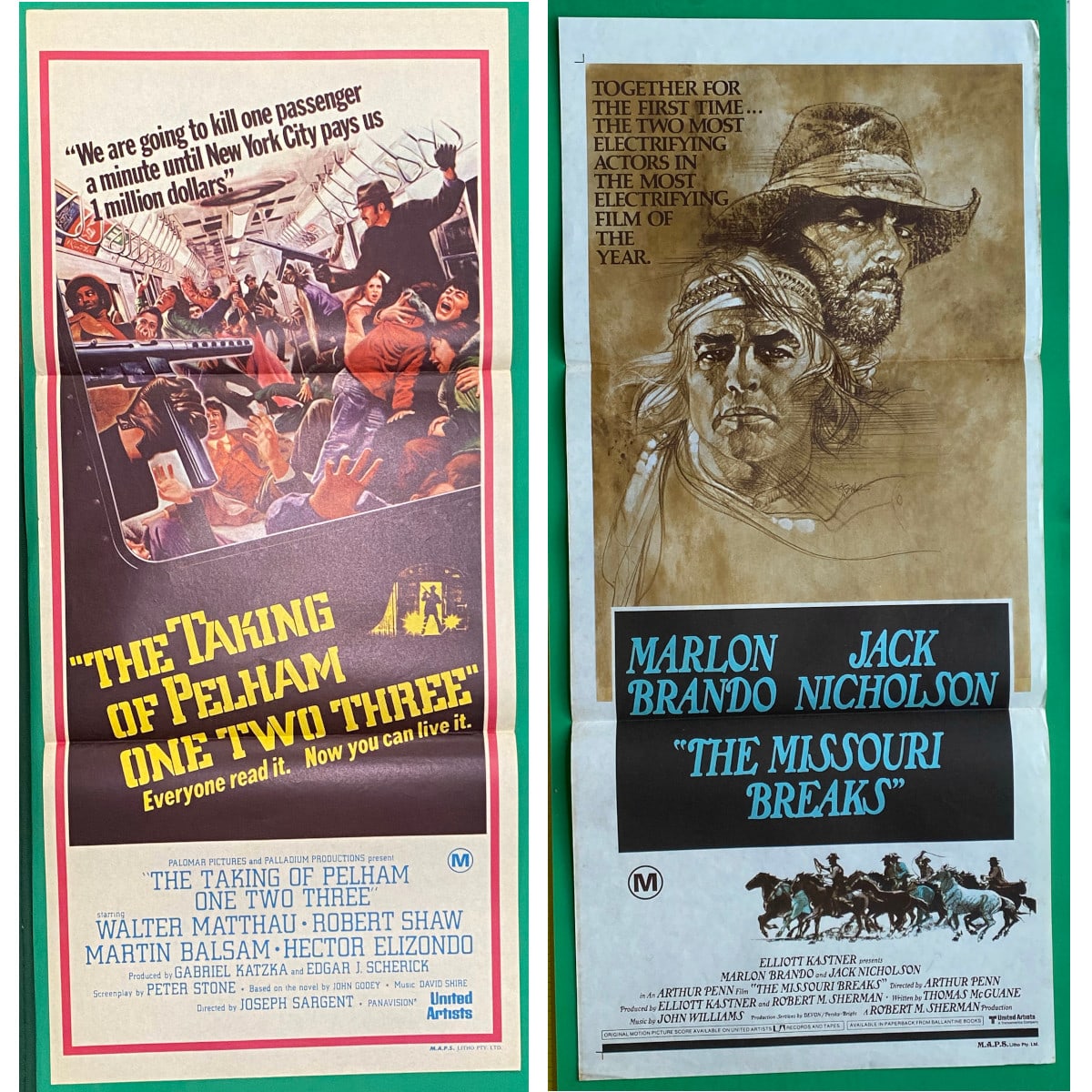 2 Original Daybill Movie Posters. 1. The Taking of Pelham One Two Three. 1974. Walter Matthau. Robert Shaw. 2. The Missouri Breaks. 1976. Marlon Brando. Jack Nicholson.