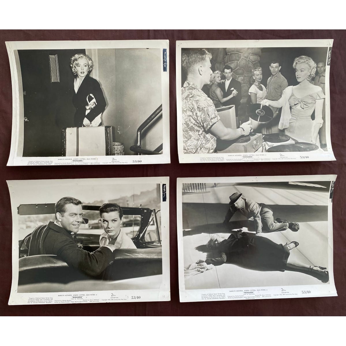 4 Black & White Movie Stills. Niagara. 1953. Marilyn Monroe. Joseph Cotten. Jean Peters.