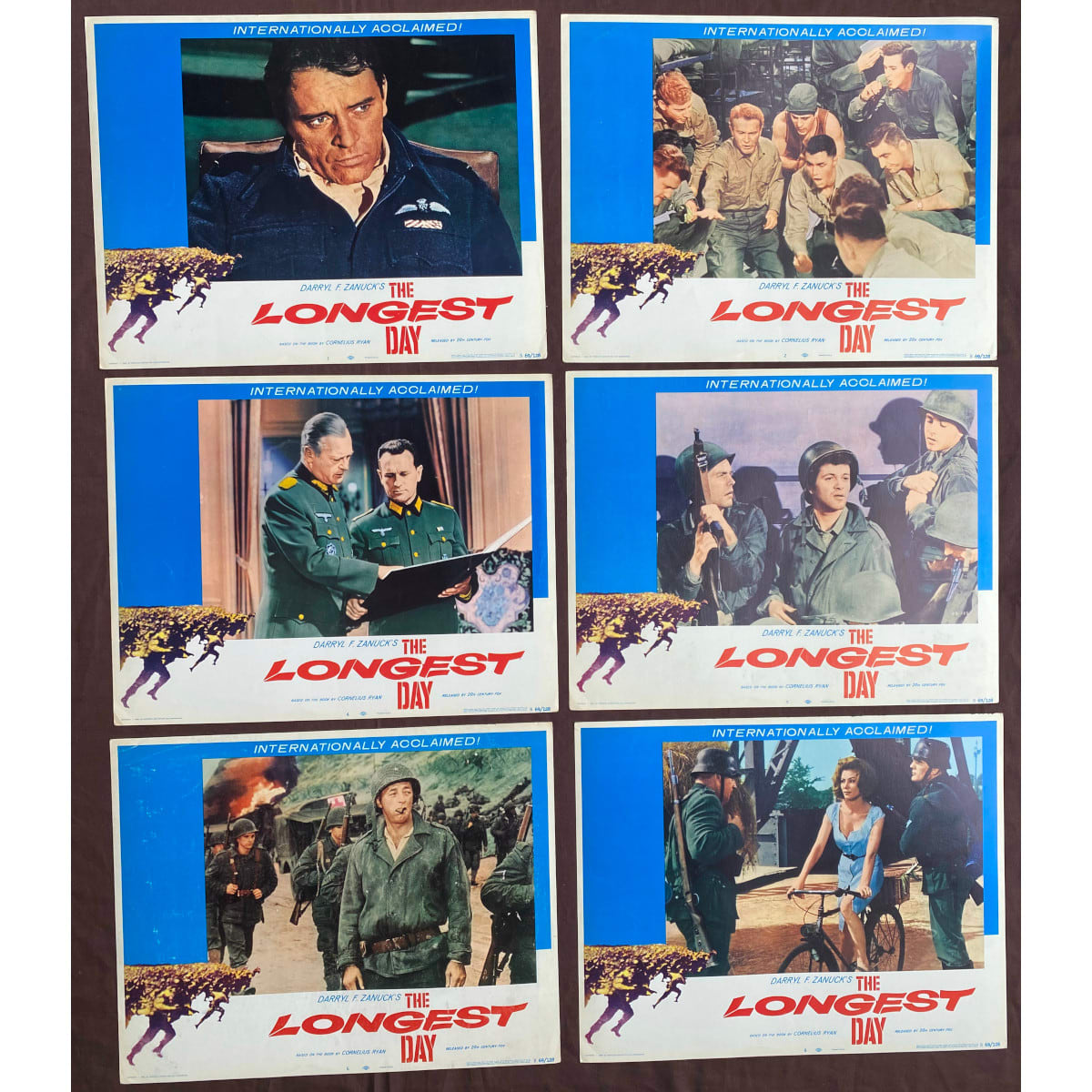 6 Movie Lobby Cards. The Longest Day. 1962 (1969 release). John Wayne. Robert Ryan. Richard Burton.