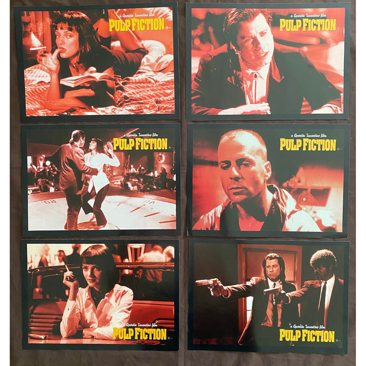 6 Toned Movie Stills. Pulp Fiction. 1994. Uma Thurman. John Travolta. Samuel L. Jackson. Bruce Willis.