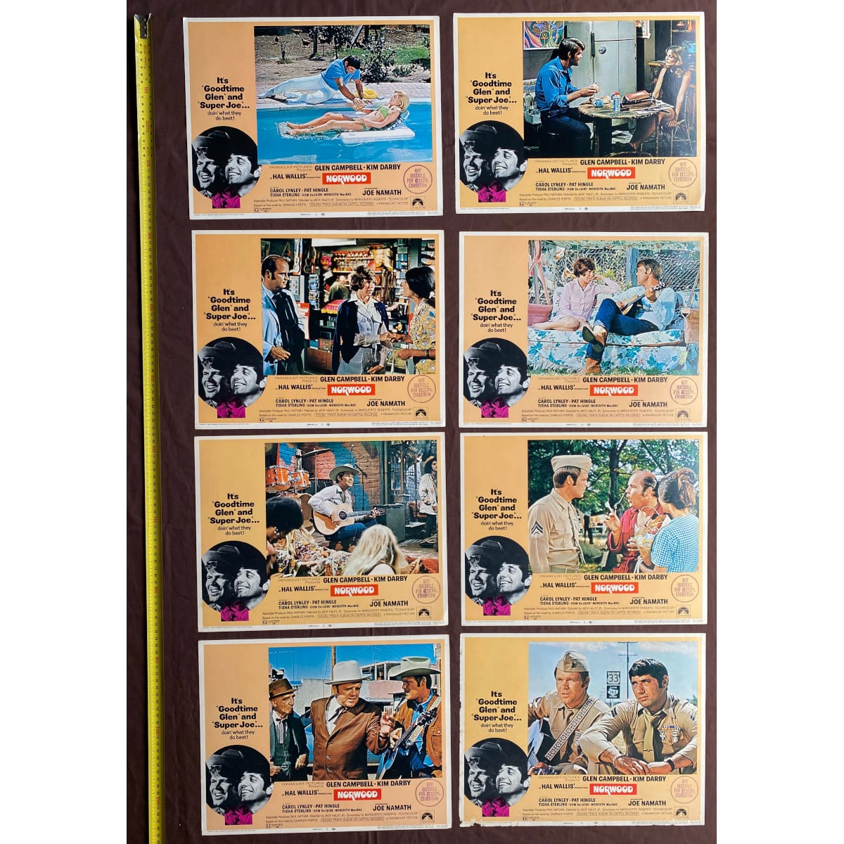 8 Movie Lobby Cards. Norwood. 1970. Glen Campbell. Kim Darby. Joe Namath.