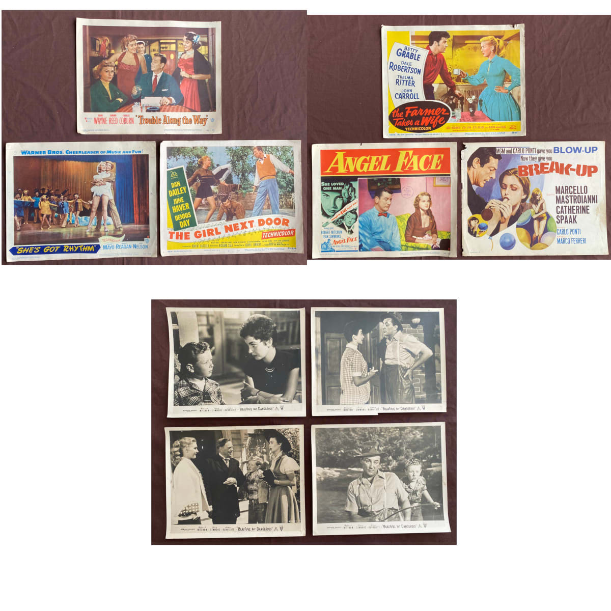 10 Movie Lobby Cards. Trouble Along the Way. She's Got Rhythm (She's Working Her Way through College). The Girl Next Door The Farmer Takes a Wife. Angel Face. Break-Up (The Man with the Balloons) 4 x Beautiful but Dangerous.