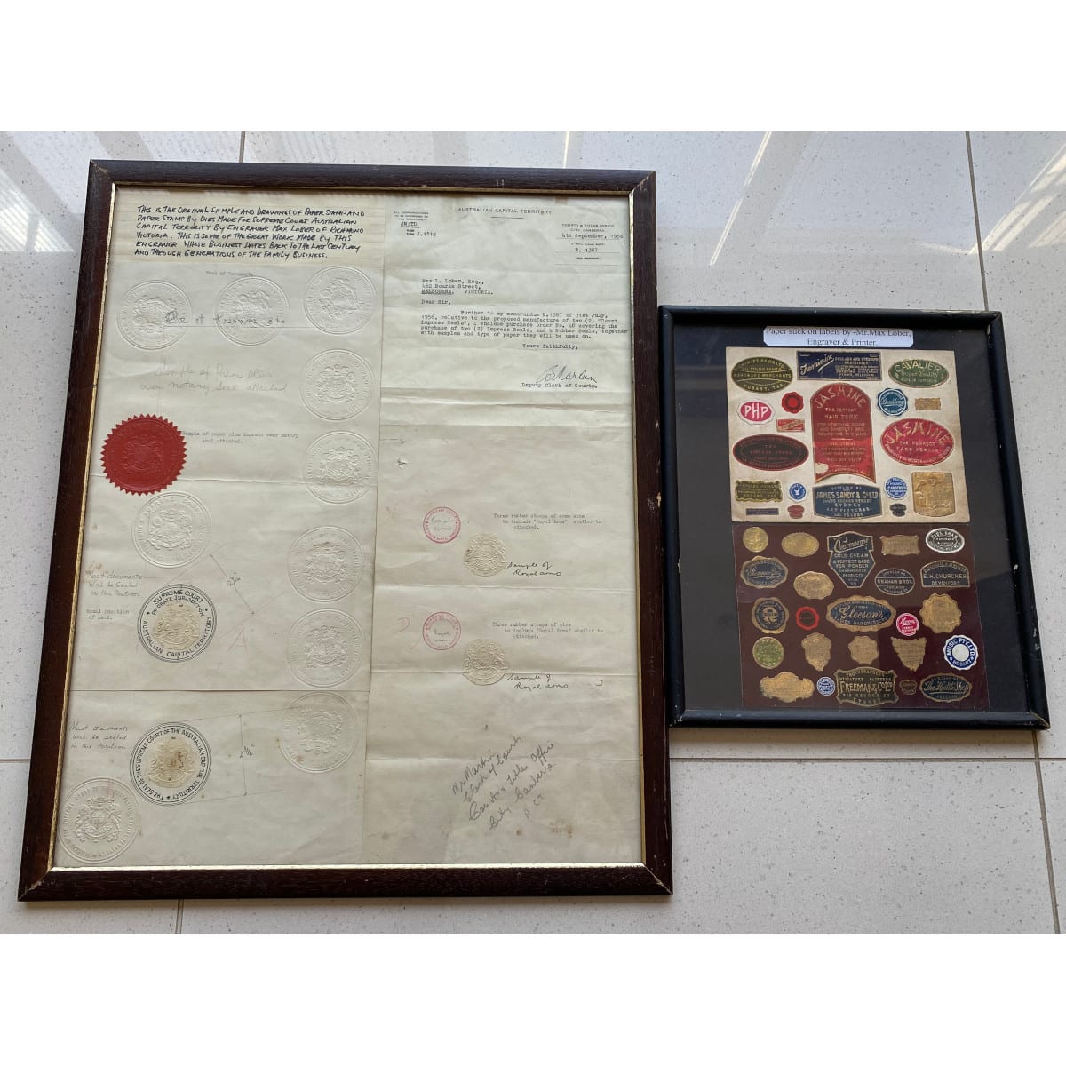 2 Framed groups from Max Lober, Engraver & Printer: Stamps for Supreme Court of ACT and Fancy stick on labels for all sorts of products and companies around Australia.