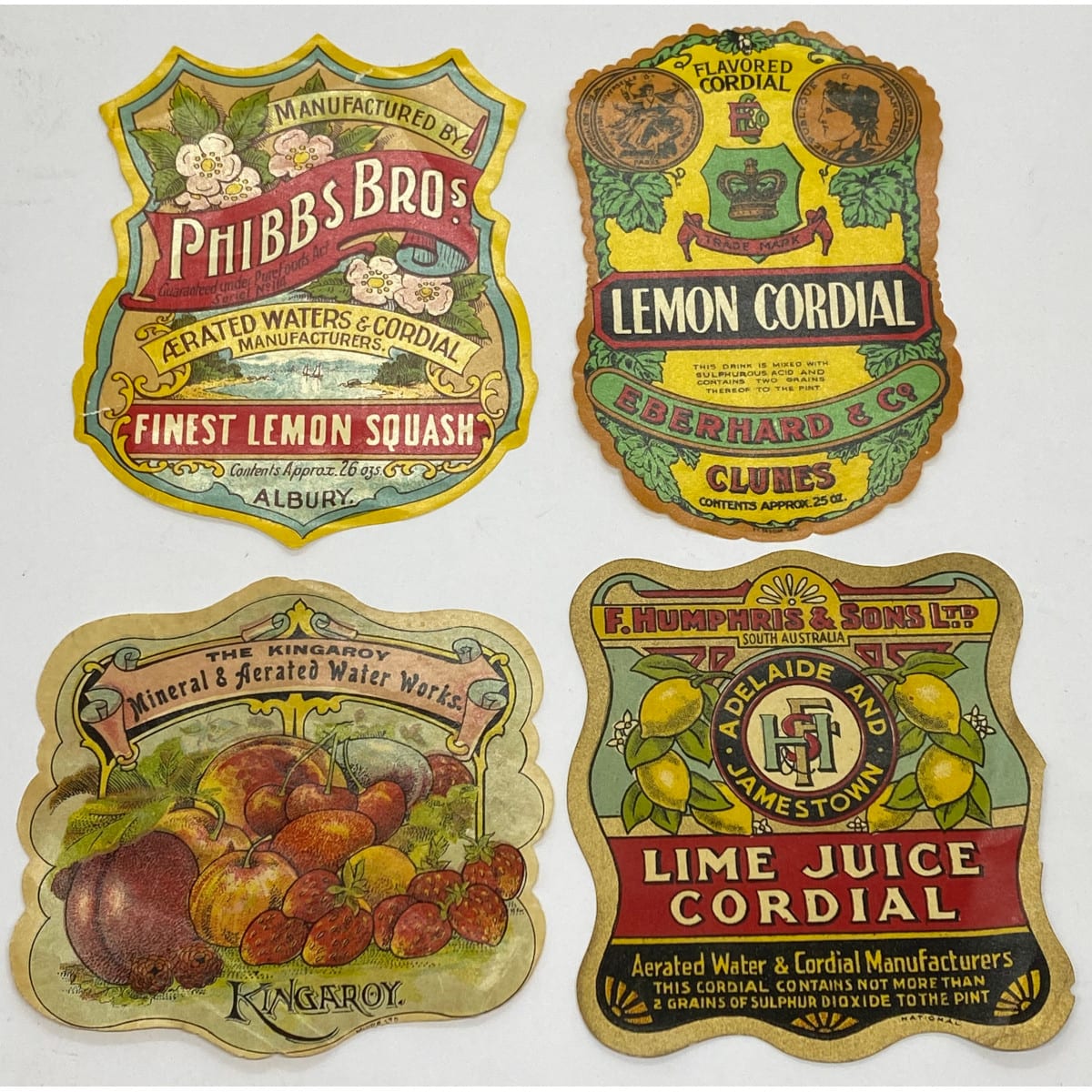 4 attractive Cordial Labels: Phibbs Bros, Albury F. Humphris & Sons Ltd, Adelaide & Jamestown Eberhard & Co., Clunes Kingaroy Mineral & Aerated Water Works.