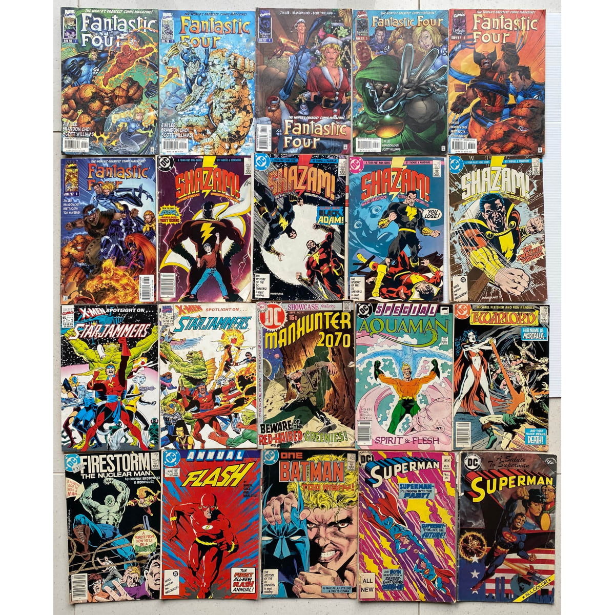 34 Comic Books. 6 x Marvel Fantastic Four. 4 x Shazam. 1 - 4. Black Adam. 2 x X-Men Starjammers. 9 mixed DC Comics. Manhunter Superman Aquaman Warlord Firestorm Flash Batman.  Cheval Noir from Dark Horse Comics. The Punisher. Marvel Comics.