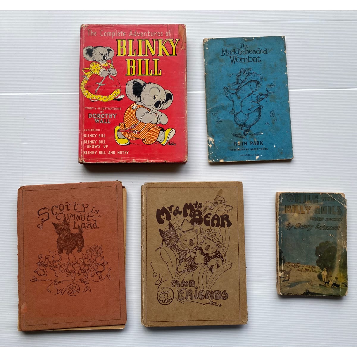 5 Books: Blinky Bill, Dorothy Wall Scotty in Gumnut Land and Mr & Mrs Bear & Friends, May Gibbs The Muddle-headed Wombat, Ruth Park While the Billy Boils, Henry Lawson.