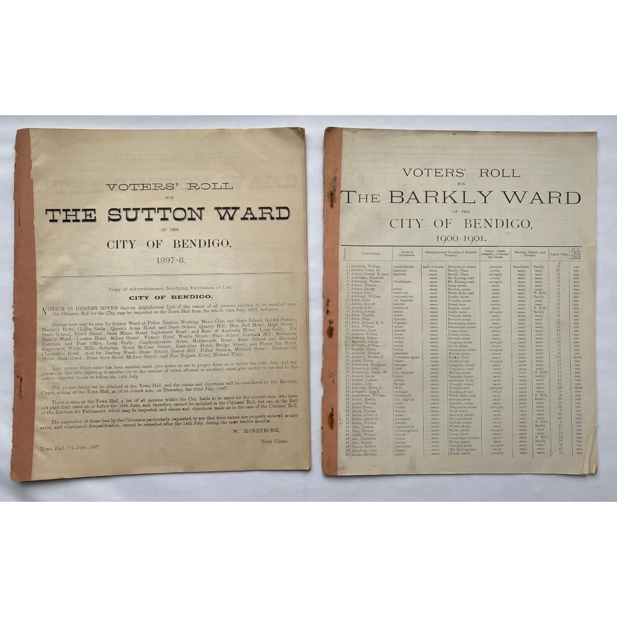 2 Original Voters Rolls City of Bendigo: Sutton Ward 1897-8 and Barkly Ward 1900-01. (Victoria)