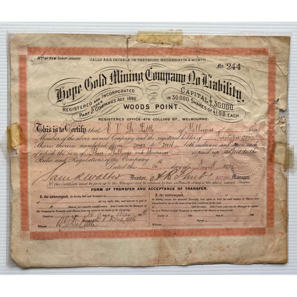 Share Certificate. Hope Gold Mining Company No Liability. Woods Point. E. V. De Little, 25 shares. 14th August 1896.