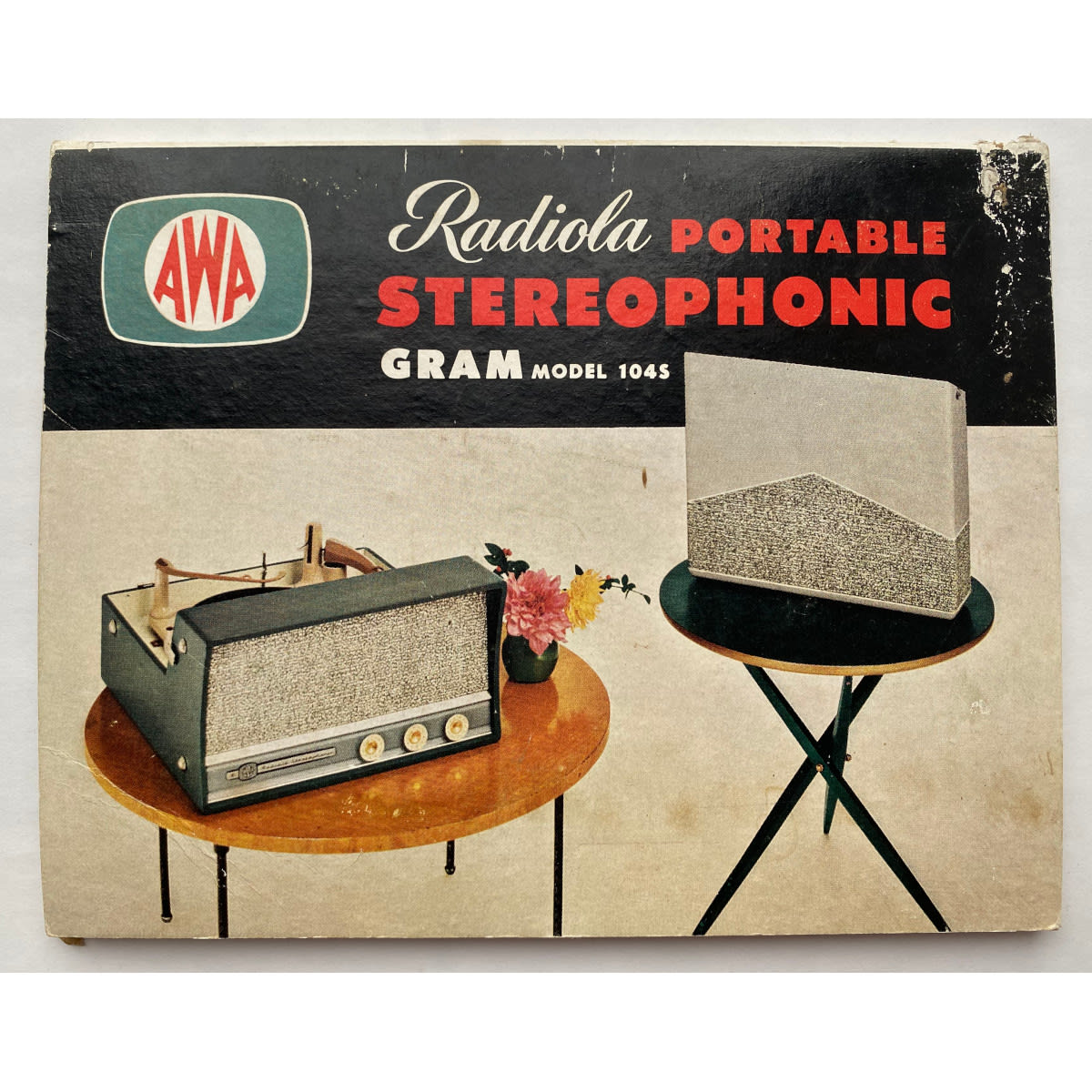 Advertising Card. AWA Radiola Portable Stereophonic Gram. Model 104S. Portable! (Only 36 lbs weight!!)