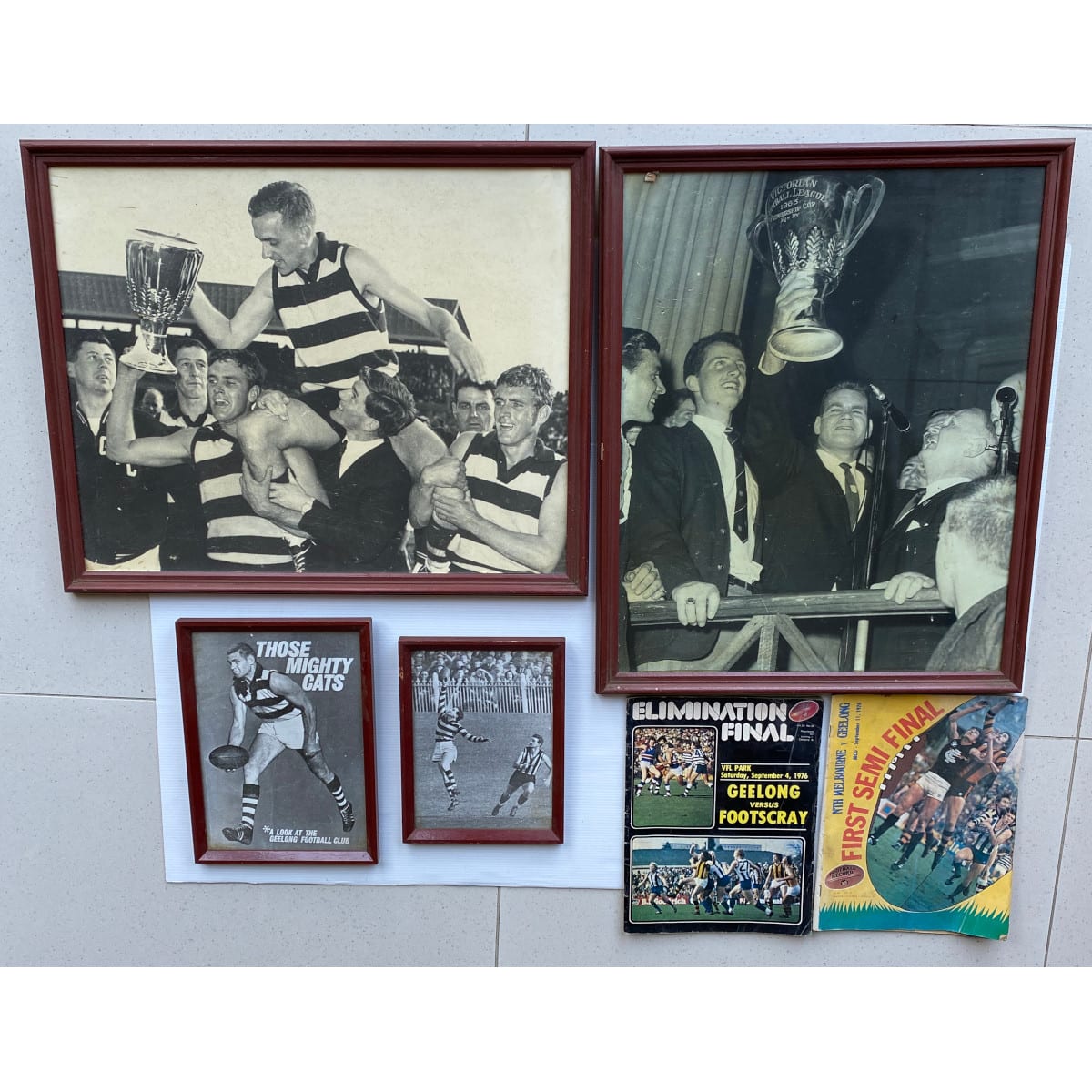 6 Geelong Football Club memorabilia Pieces: 2 Framed copies of pictures from Geelong's 1963 VFL Premiership 2 x framed Photos, George Goninon & Those Mightly Cats, Polly Farmer 2 x Football Records Elimination & First Semi Final 1976.