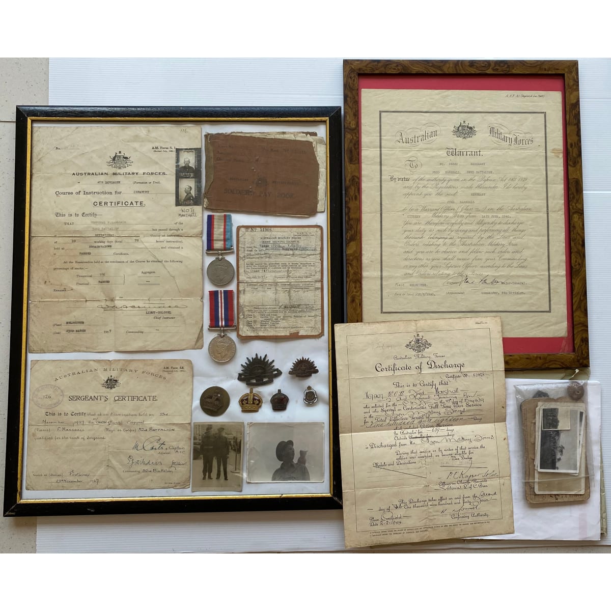 Militaria. Service records. Medals. Badges. Other paperwork. Photos. All for Fred Marshall. 32nd Battalion.