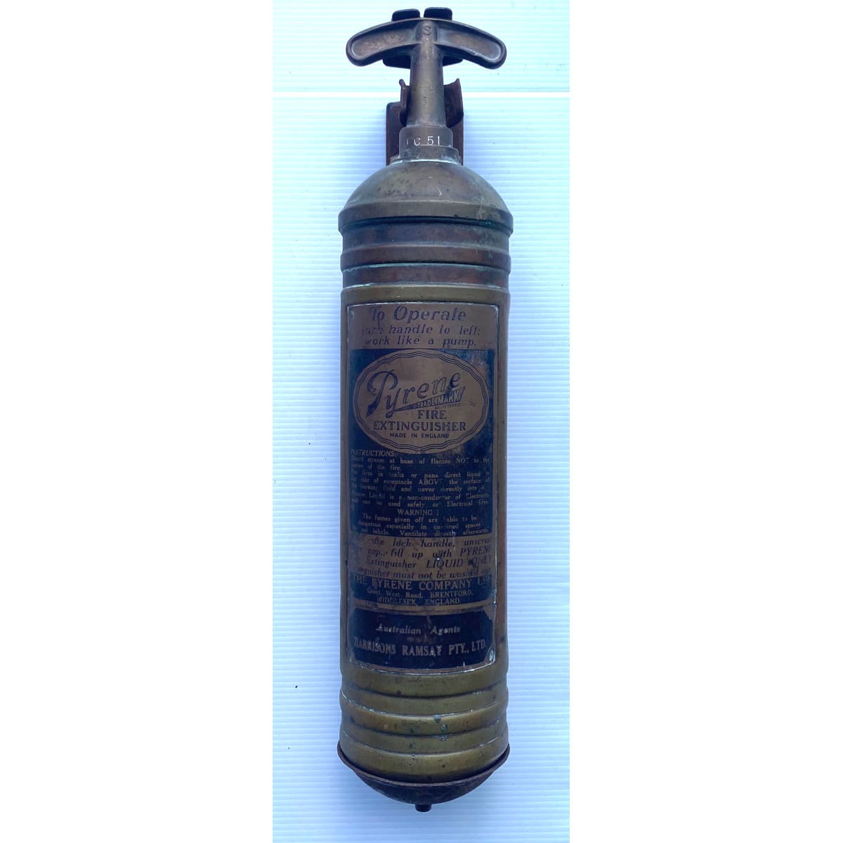 Fire Extinguisher. The Pyrene Company Brentford England. Australian Agents: Harrisons Ramsay Pty Ltd.