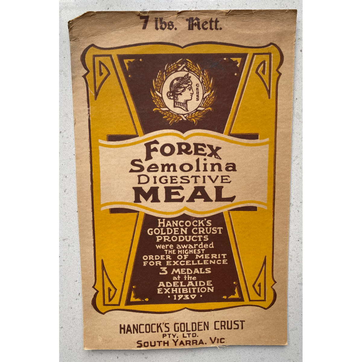 Cardboard point of sale sign. Forex Semolina Digestive Food. Hancock's Golden Crust Pty Ltd South Yarra.