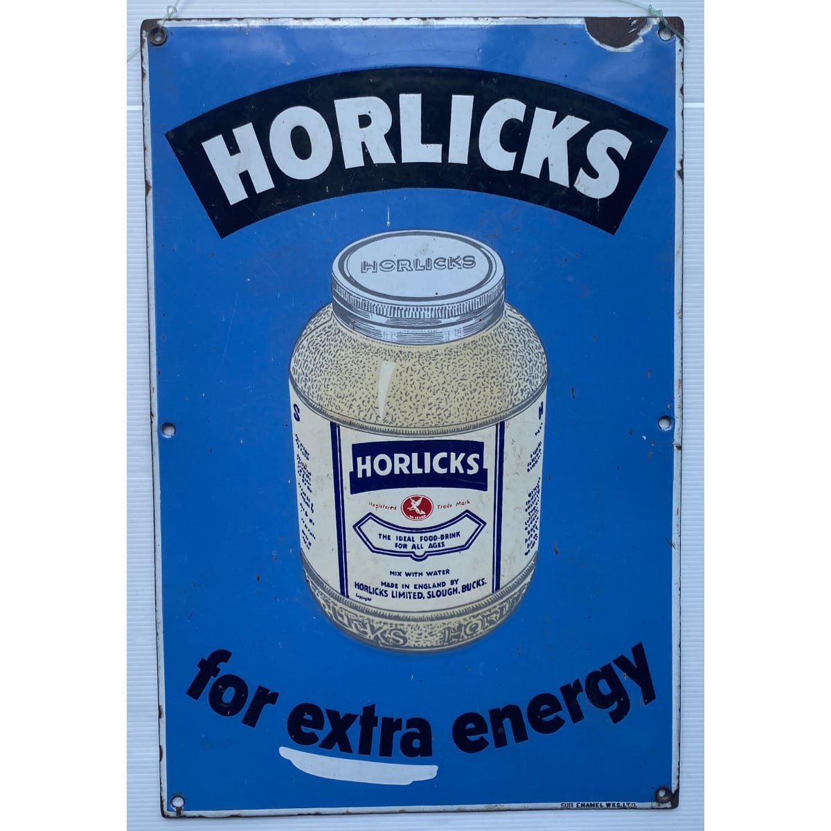 Enamel Sign. Horlicks for extra energy. Screw top jar of Horlicks pictorial. Sur Enamel Works Ltd.